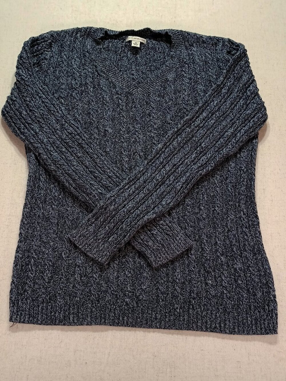 Croft & Barrow Cable Knit V-Neck Blue Marled Cotton Size M Fisherman Sweater